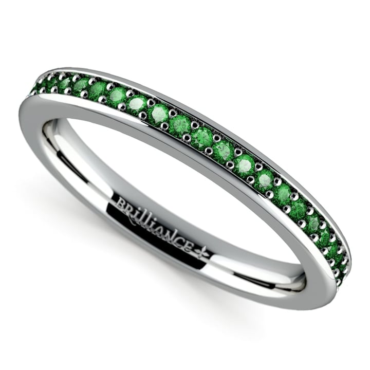 Pave Set Emerald Gemstone Stacking Ring In White Gold | 01