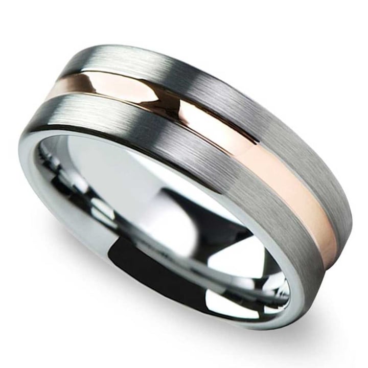 Brushed Tungsten Men's Wedding Ring with Rose Gold Groove | Zoom