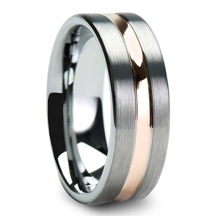 Brushed Tungsten Men's Wedding Ring with Rose Gold Groove | 02