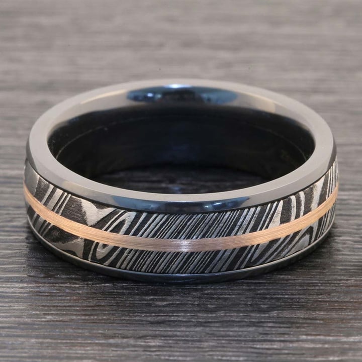 Damascus Steel And Rose Gold Wedding Band In Zirconium | 06