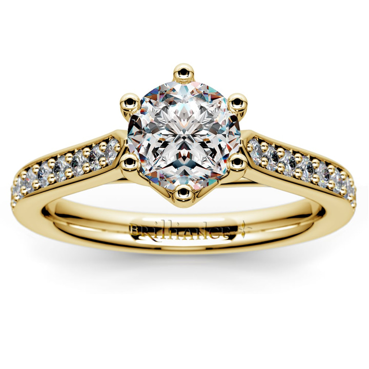 6 Prong Tulip Pave Engagement Ring Setting In Yellow Gold | Thumbnail 01