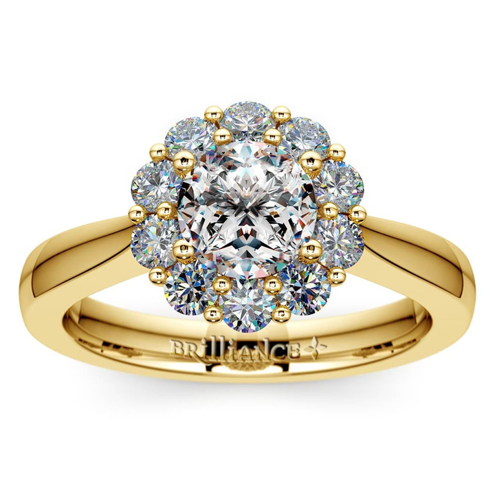 Yellow Gold Floral Engagement Ring With Halo | Thumbnail 01