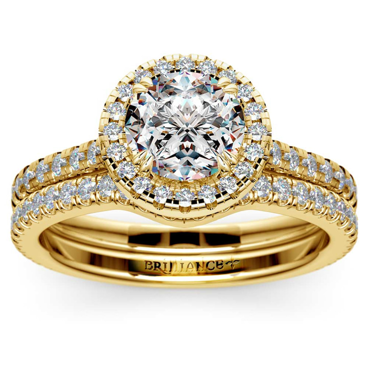 Petite Halo Diamond Bridal Set In Yellow Gold | Thumbnail 01