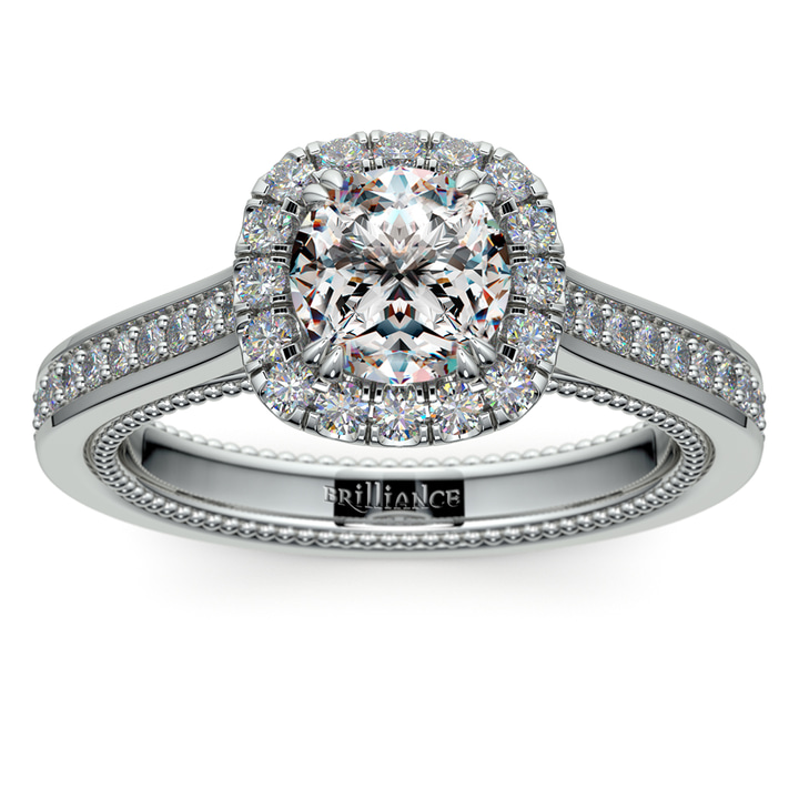 Antique Inspired Platinum Halo Diamond Engagement Ring | Thumbnail 01