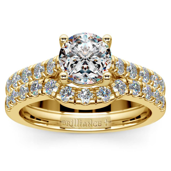 Trellis Engagement Ring And Matching Wedding Band In Yellow Gold | Thumbnail 01