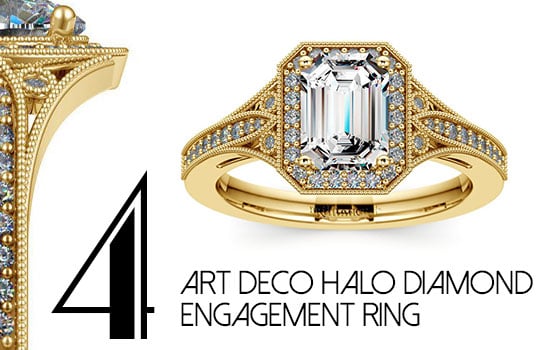 Art Deco Yellow Gold Halo Diamond Engagement Ring