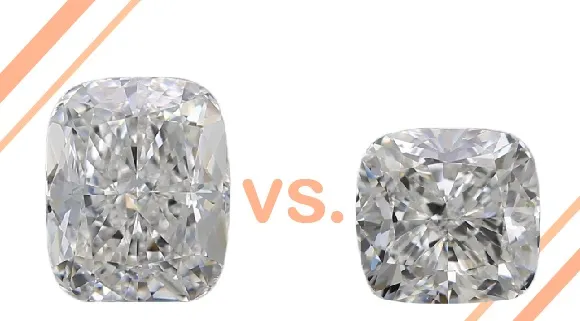 Image comparing elongated cushion cut vs cushion cut diamond