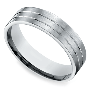 Satin Mens Wedding Ring In White Gold With Carved Grooves