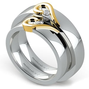 Curled Heart Wedding Rings His and Her Set in White and Yellow Gold