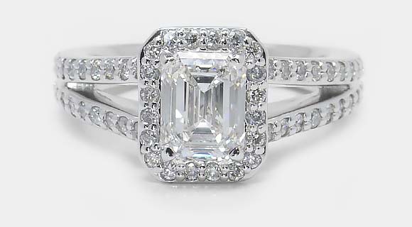 Halo Split Shank Emerald Diamond Engagement Ring