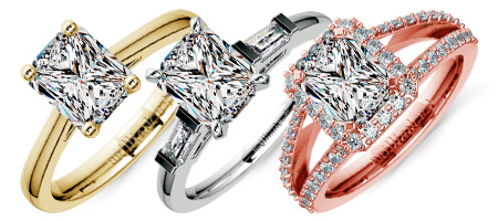 Three different Radiant cut diamond settings