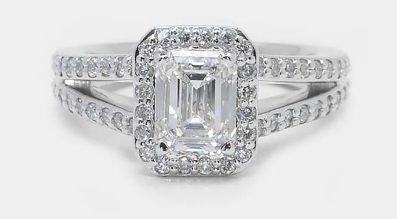 Halo Split Shank Emerald Diamond Engagement Ring