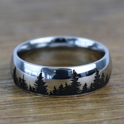 Laser Carved Forest Pattern Mens Ring In Titanium (7mm)