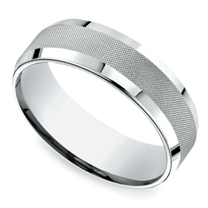Cross Hatch Design Mens Wedding Band In White Gold
