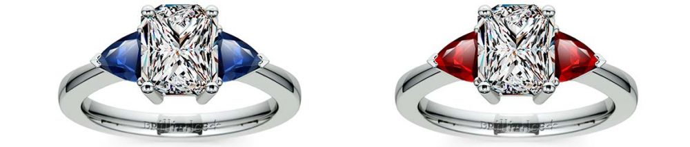 sapphire and ruby trillion sidestone settigns in white gold