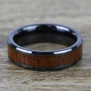 Male Teak Wood Inlay Wedding Ring In Black Ceramic (6mm)