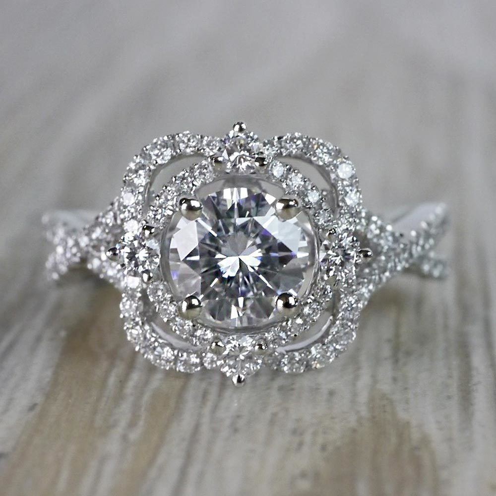 Delicate Double Halo Diamond Engagement Ring in White Gold by Parade | 02