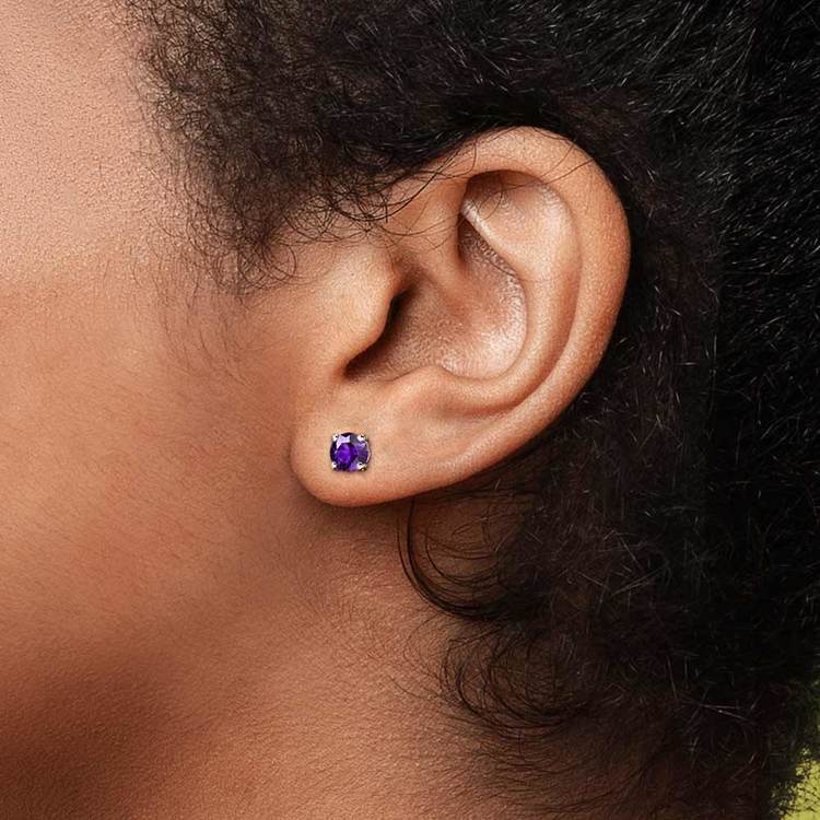 Amethyst Round Gemstone Stud Earrings in Platinum (4.1 mm) | 04