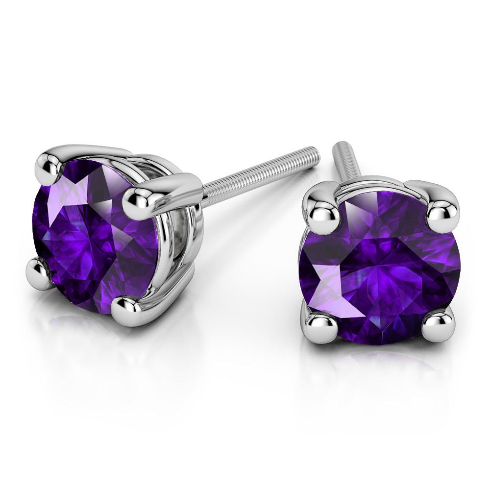 Round Amethyst Stud Earrings In White Gold (4.1 mm) | 01