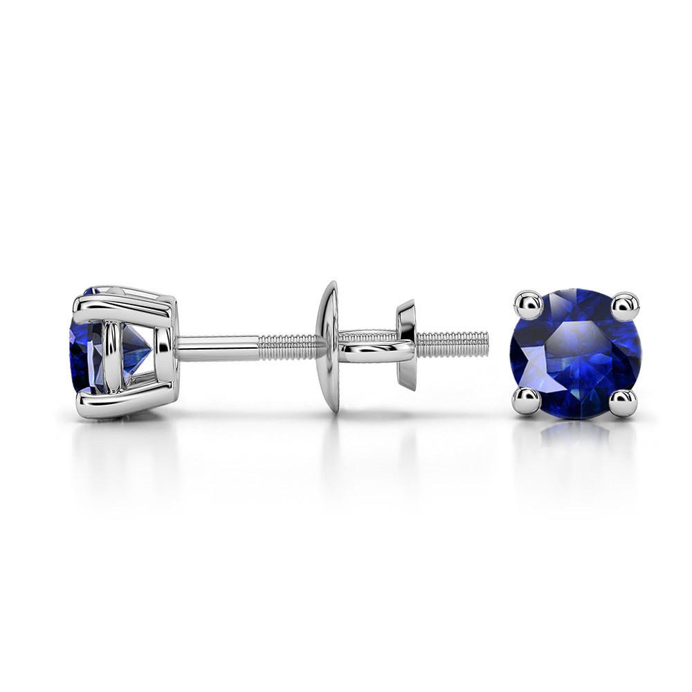 Blue Stud Round Sapphire Gemstone Earrings In White Gold | 03