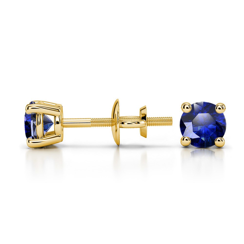 Round Blue Sapphire Gemstone Stud Earrings In Yellow Gold | 03