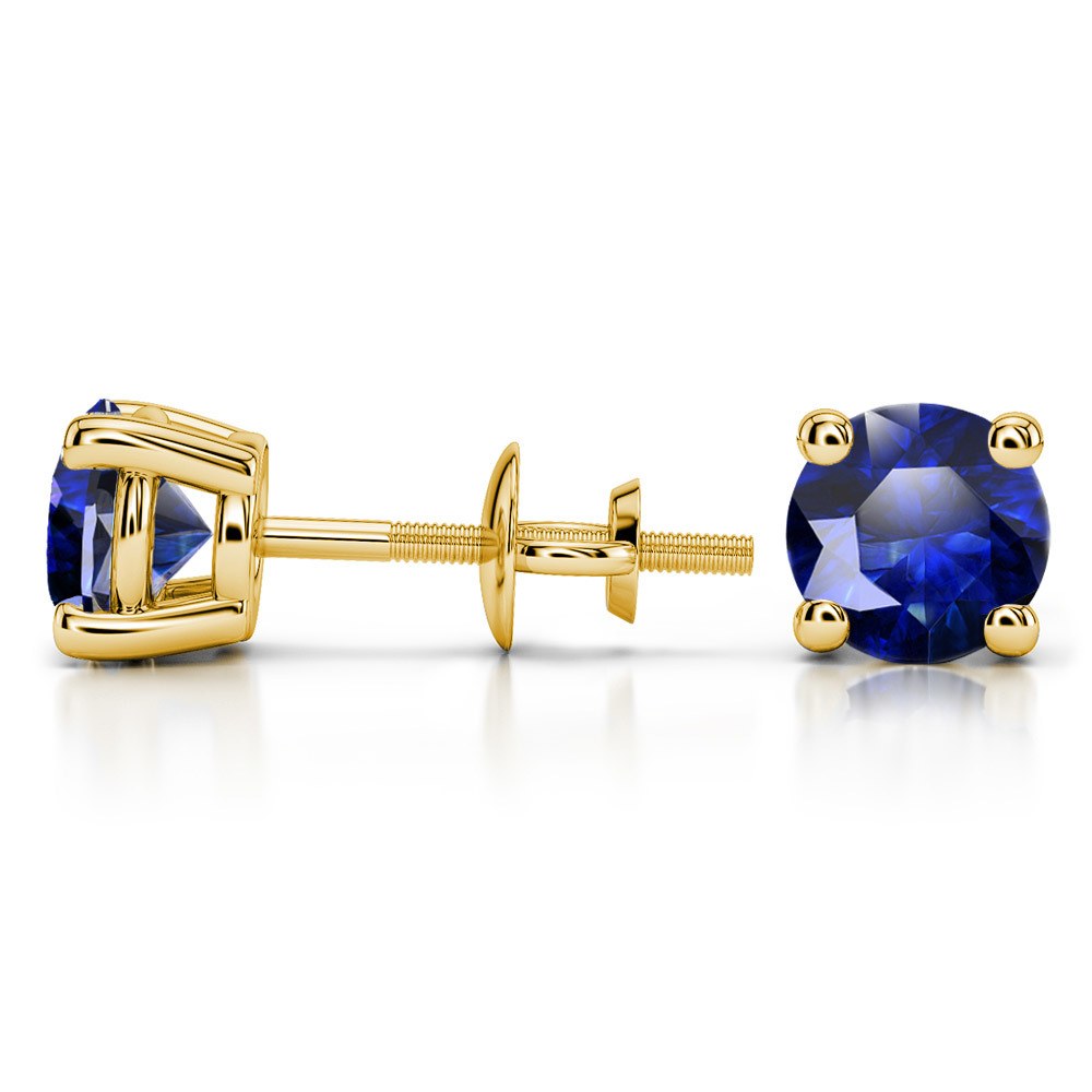 3 Ct Blue Sapphire Stud Earrings In Yellow Gold (6.4 mm) | 03