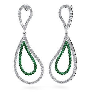 Teardrop Diamond And Emerald Earrings In 14K White Gold