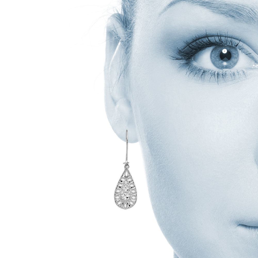Diamond Cut Teardrop Earrings In 14K White Gold | 04