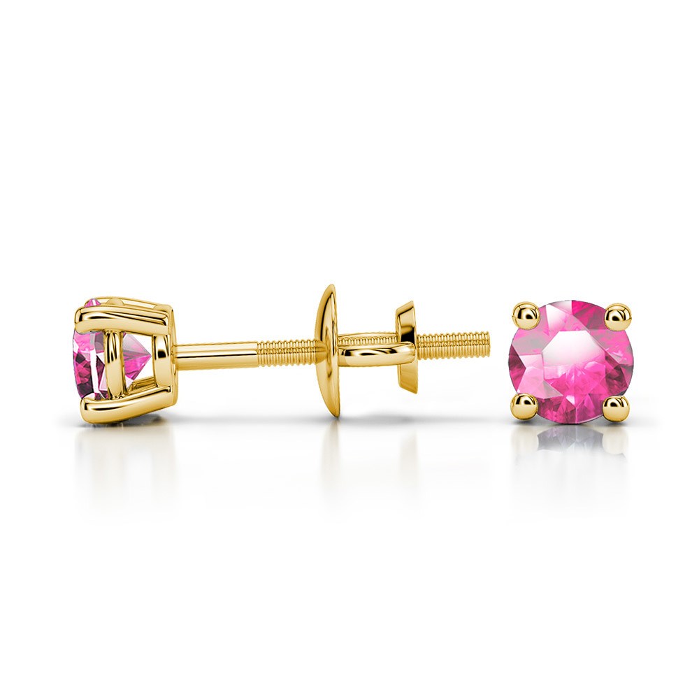 Pink Sapphire Round Gemstone Stud Earrings in Yellow Gold (3.4 mm) | 03