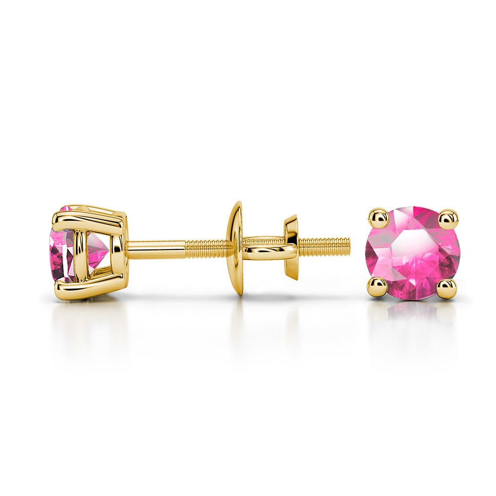 Pink Sapphire Round Gemstone Stud Earrings in Yellow Gold (4.1 mm) | 03