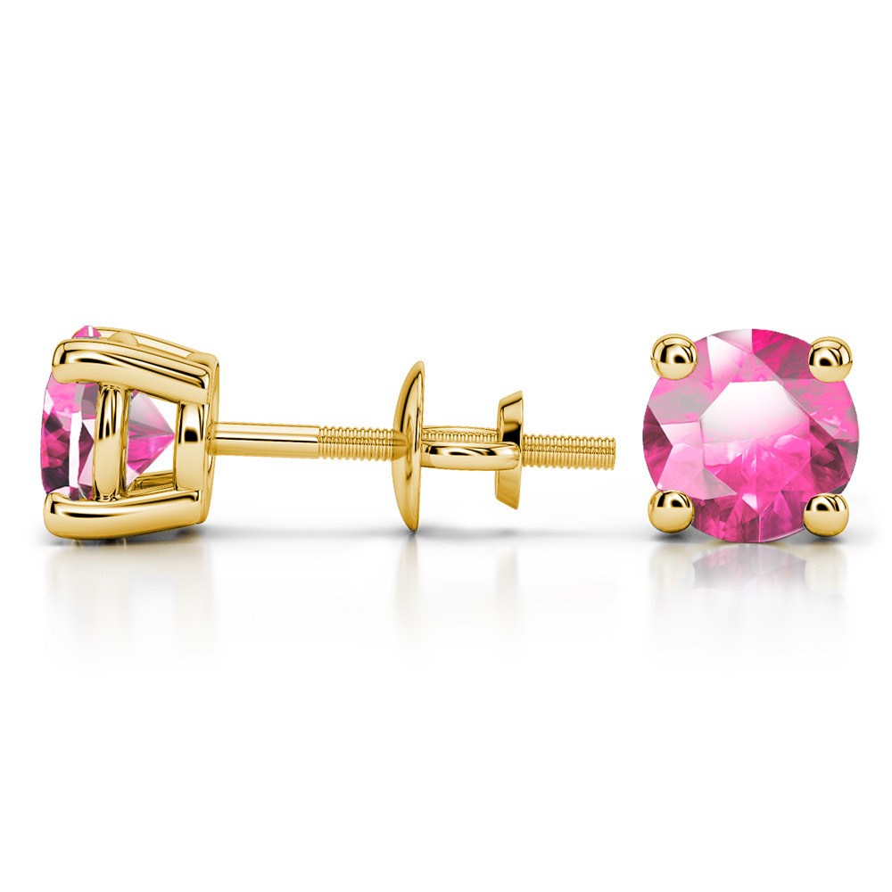 Pink Sapphire Round Gemstone Stud Earrings in Yellow Gold (6.4 mm) | 03