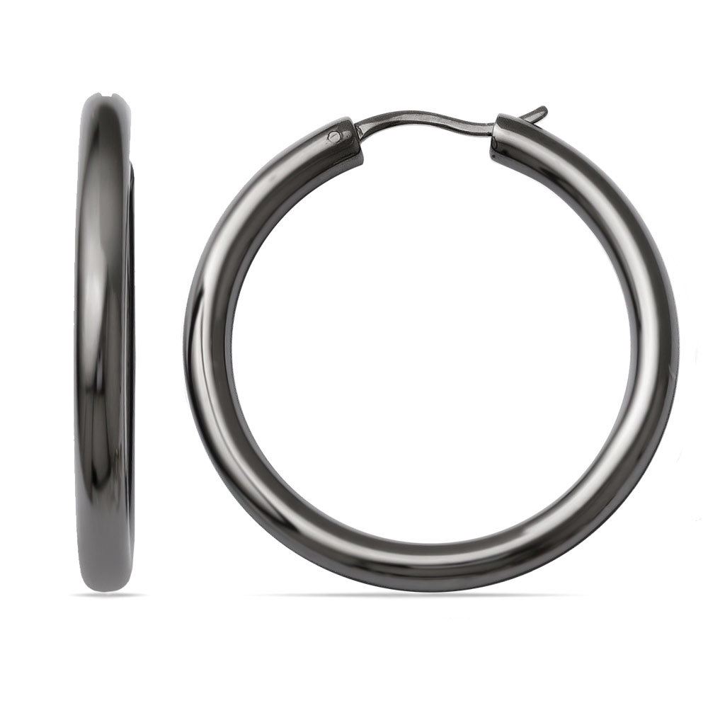 Medium Blackened Finish Silver Tube Hoop Earrings (33 mm) | 01