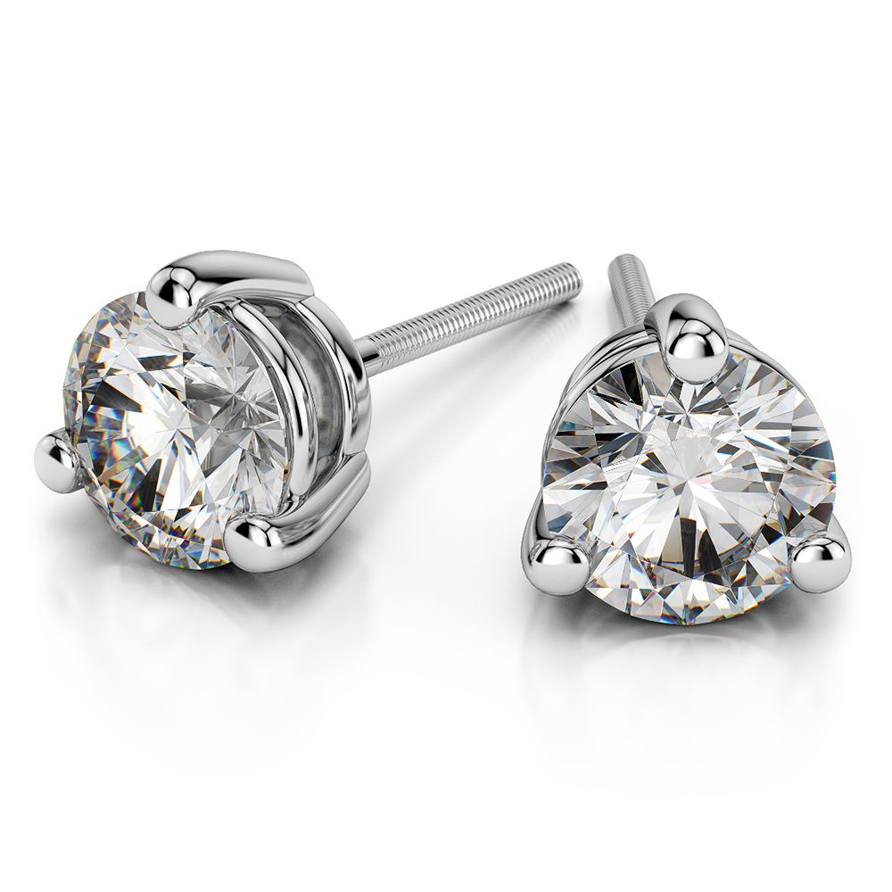 Three Prong Diamond Stud Earrings in White Gold (3/4 ctw) | 01