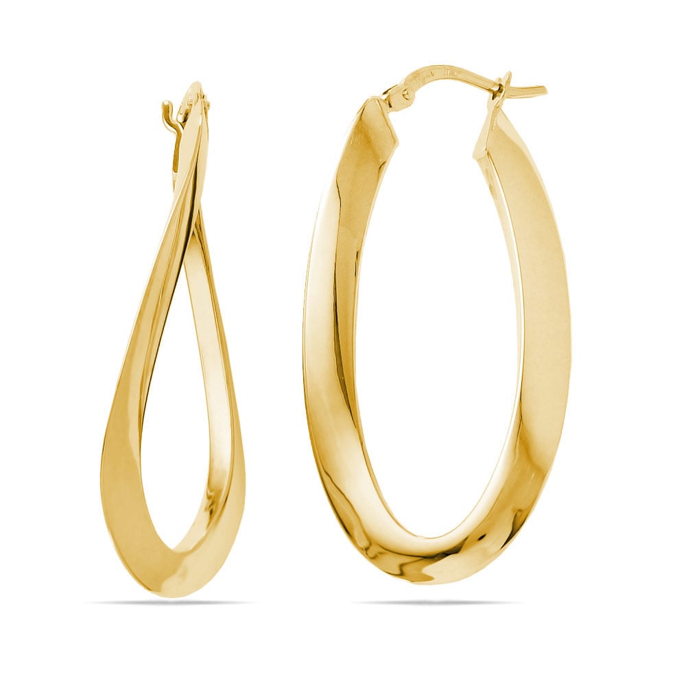 FB Jewels Solid 14K Yellow Gold Polished W/Lines Oval Twisted Hoop Earrings 