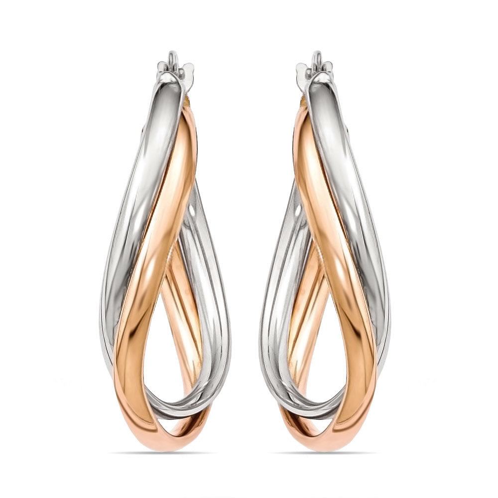 Two Tone Twisted Hoop Earrings In 14k White And Rose Gold