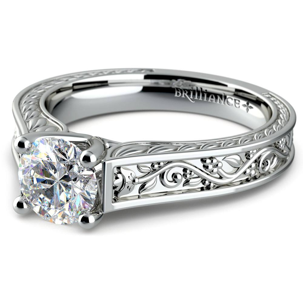 Antique Floral Solitaire Engagement Ring in White Gold | 04