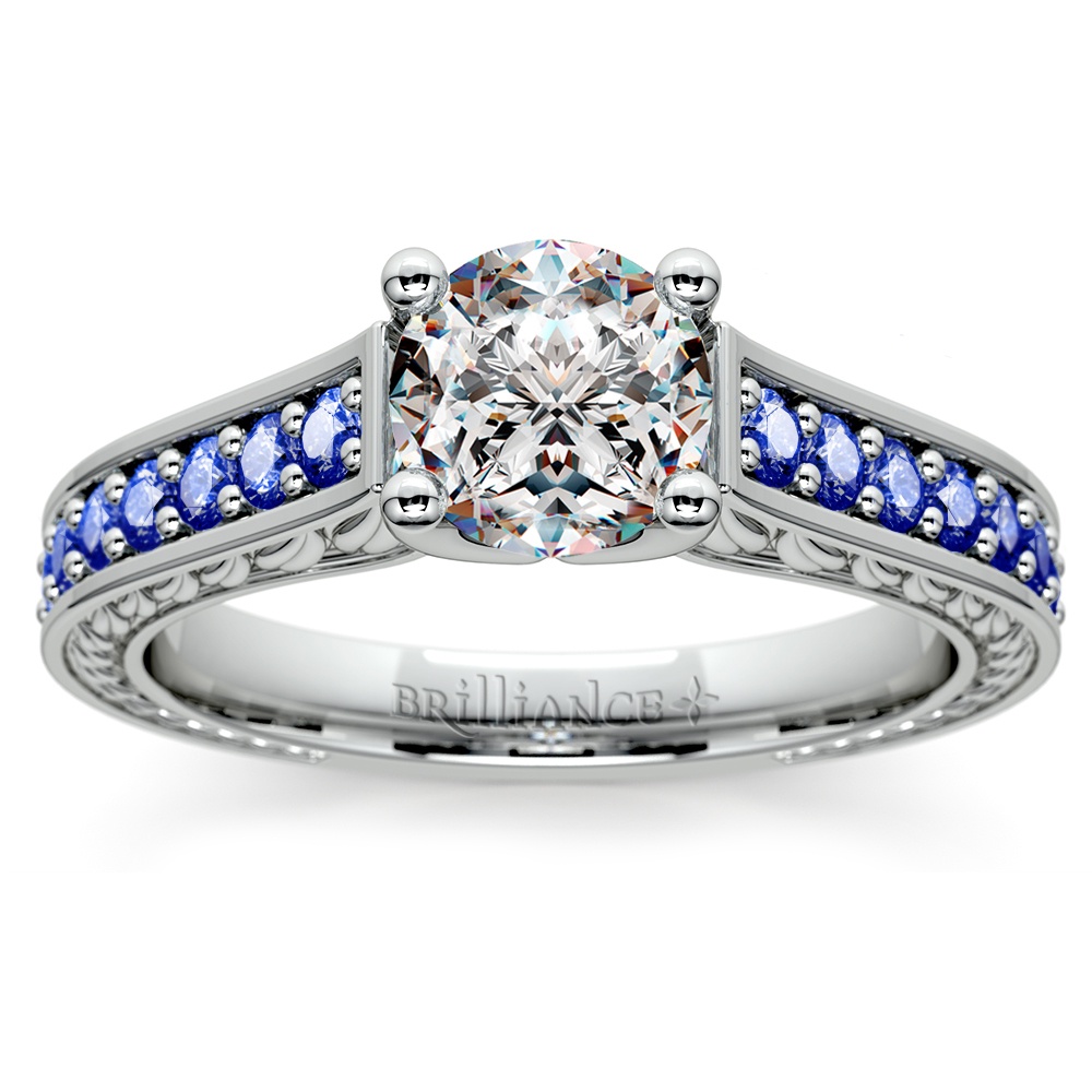 Antique Inspired Pave Sapphire and Diamond Ring In White Gold | Zoom