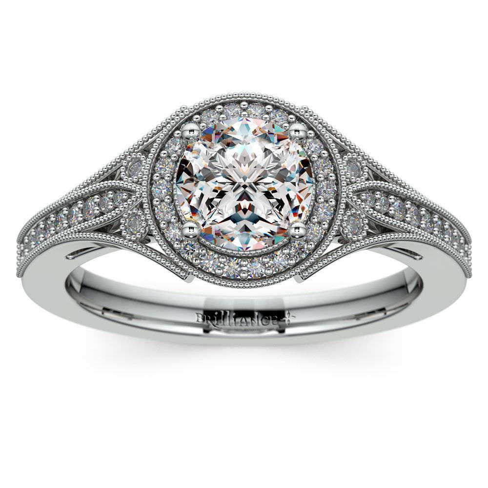 Art Deco Halo Diamond Engagement Ring in White Gold | Zoom