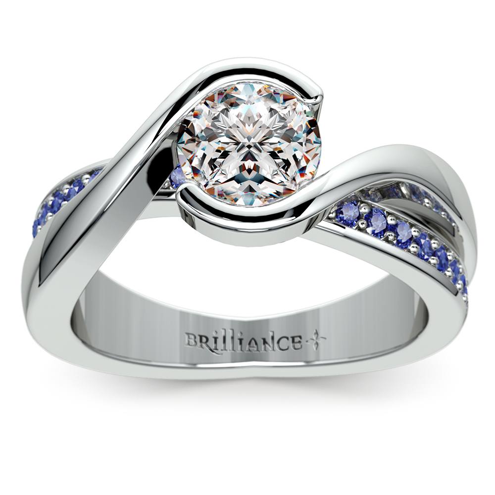 Bezel Sapphire Gemstone Bridge Engagement Ring in White Gold | Zoom