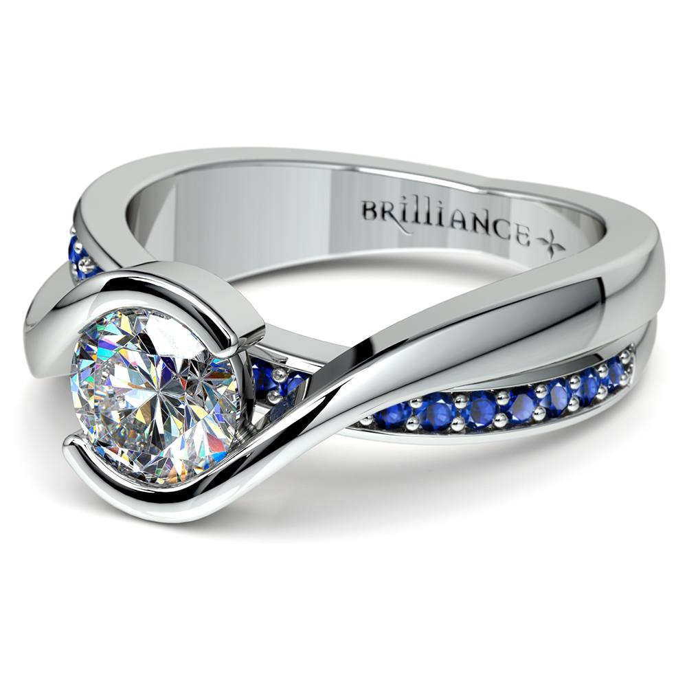 Bezel Sapphire Gemstone Bridge Engagement Ring in White Gold | 04