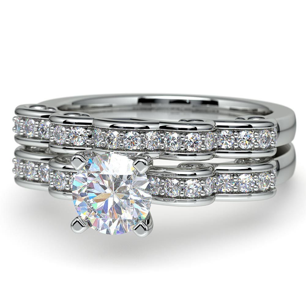Cinderella Engagement Ring and Wedding Band Set In Platinum