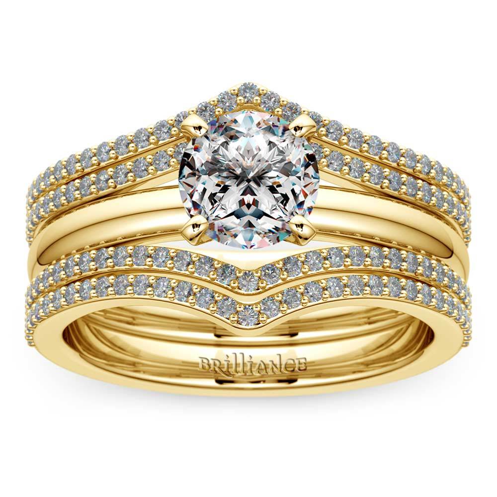 Double Row Diamond Chevron Bridal Ring Set In Yellow Gold
