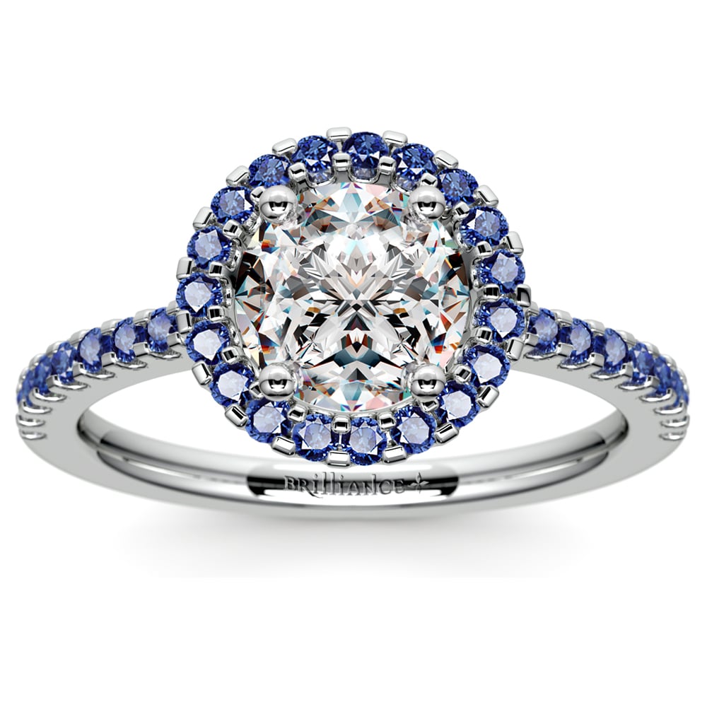 Halo Sapphire Gemstone  Engagement  Ring  with Side Stones  in 
