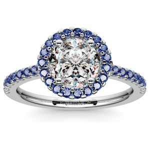 Halo Sapphire Gemstone Engagement Ring with Side Stones in White Gold
