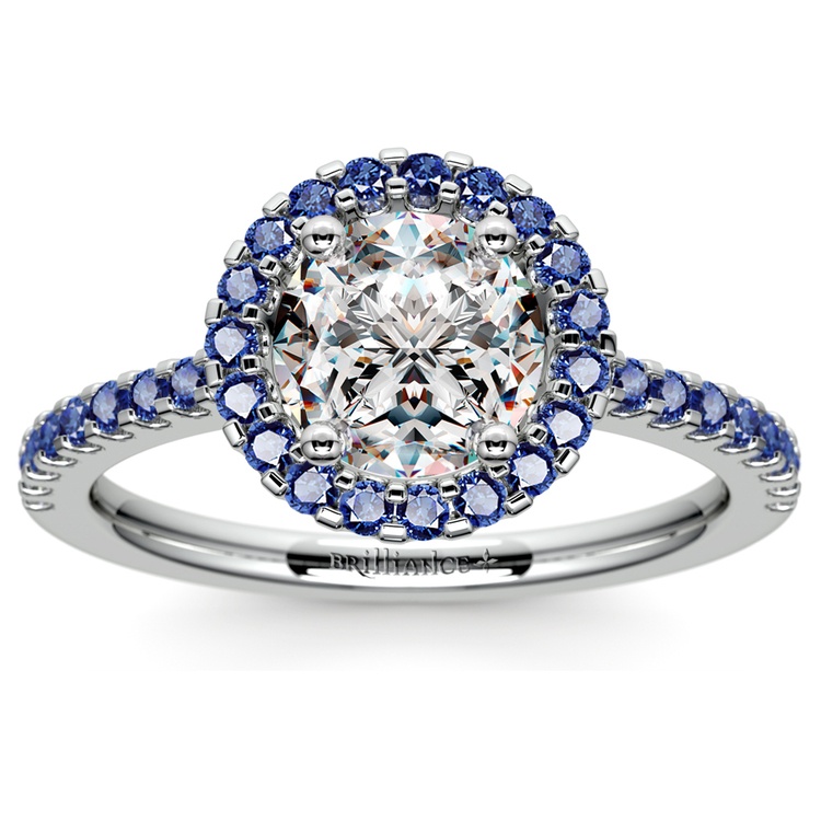 Halo Sapphire Gemstone  Engagement  Ring  with Side Stones  in 
