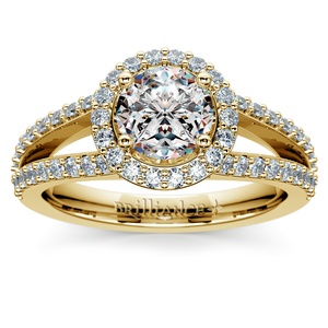 Halo Split Shank Diamond Engagement Ring in Yellow Gold