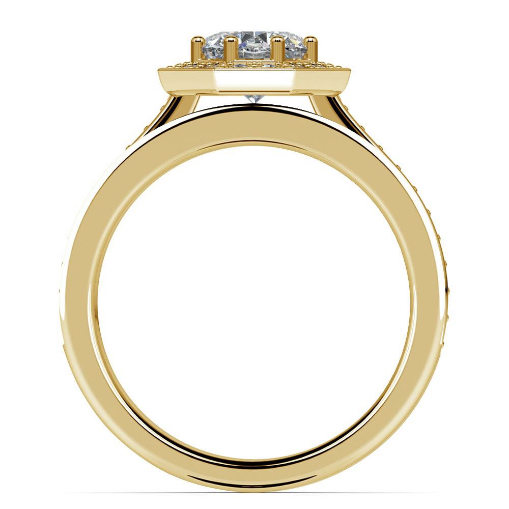 Hexagon Halo Engagement Ring & Matching Band In Yellow Gold