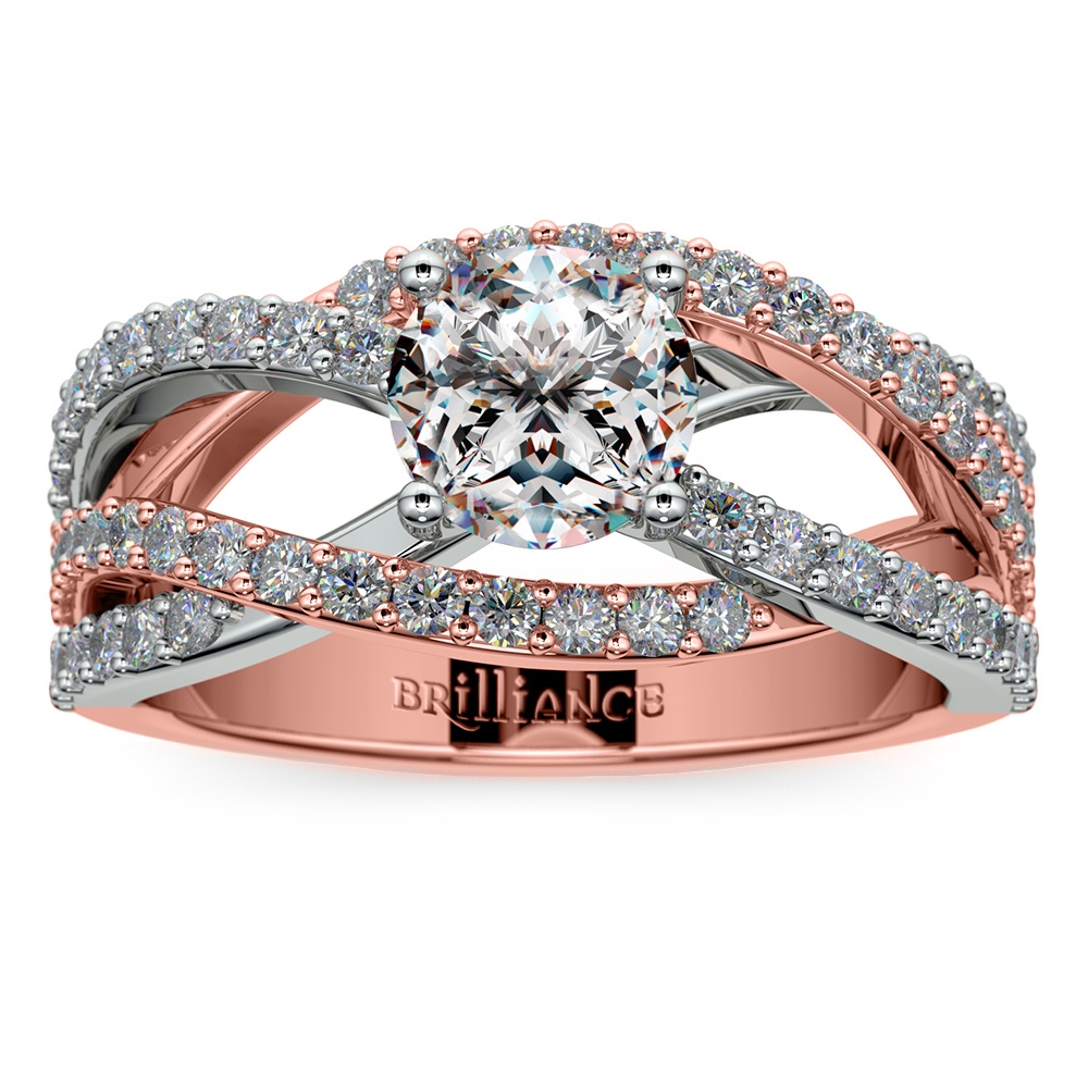 Layered Crossover Pave Diamond Engagement Ring in Rose & White Gold