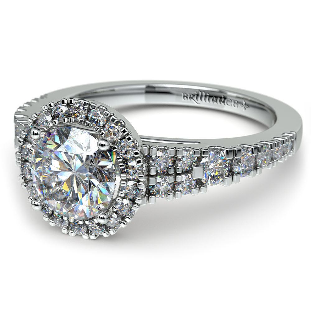Petite Split Shank Halo Diamond Engagement Ring in White Gold