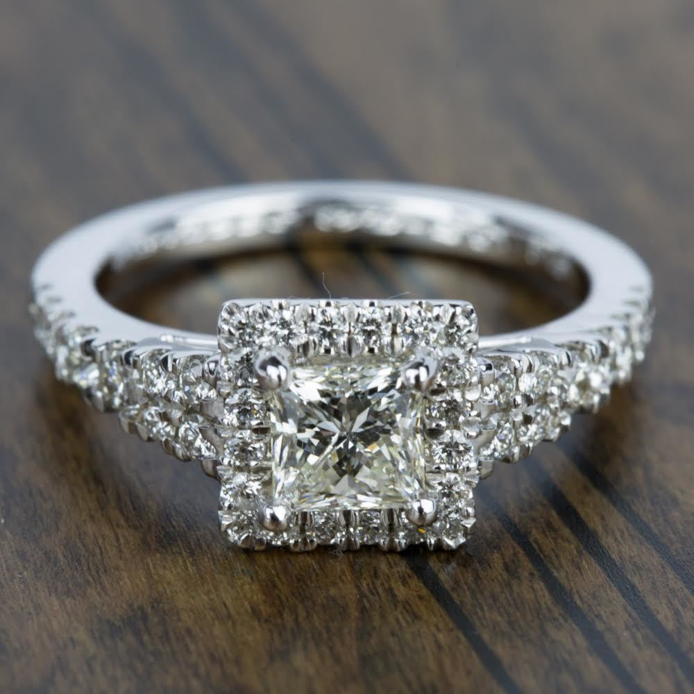 Petite Split Shank Halo Diamond Engagement Ring in White Gold